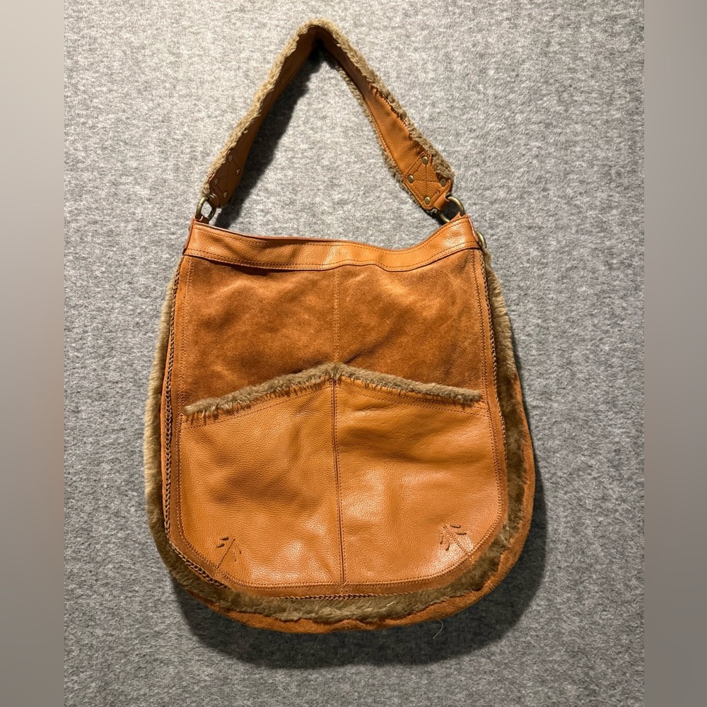 Cul de sac leather shoulder bag purse brown women’s suede fur trim 14x14 in boho